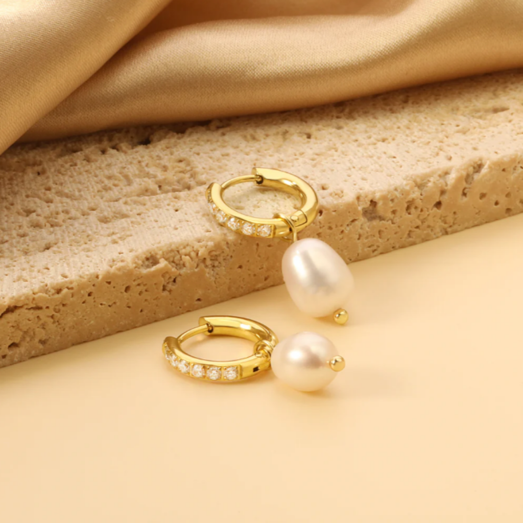 Pearl Huggies with Diamonds