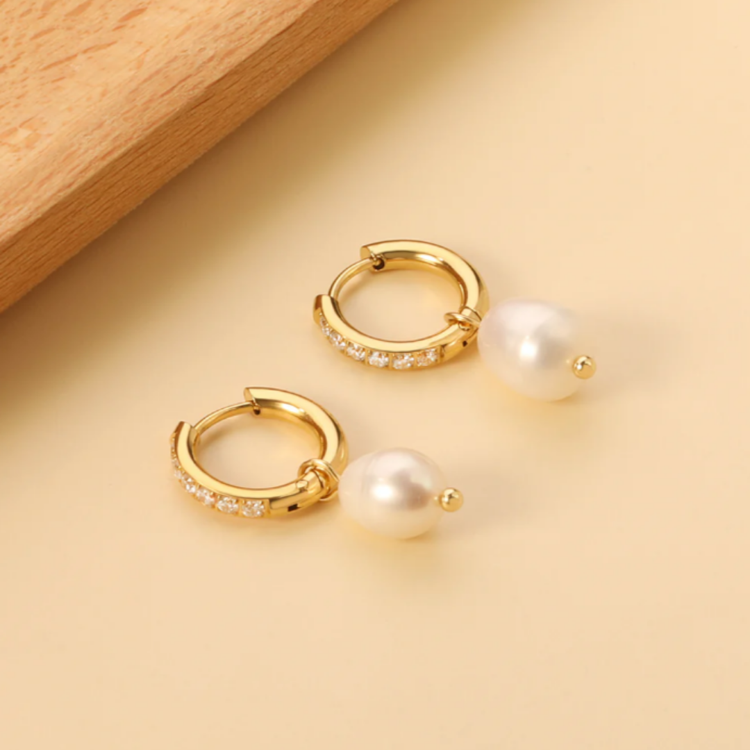 Pearl Huggies with Diamonds