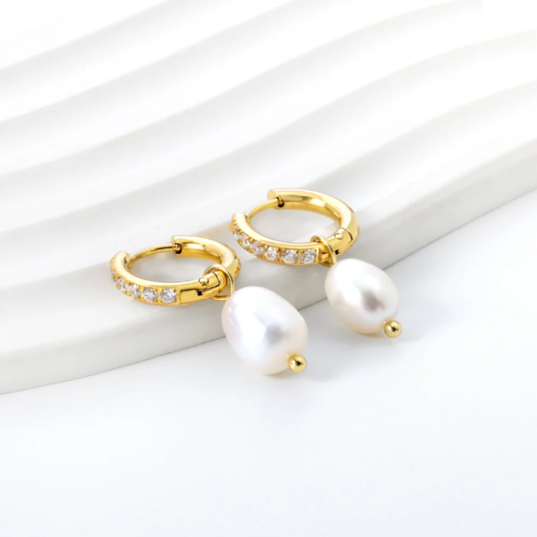 Pearl Huggies with Diamonds