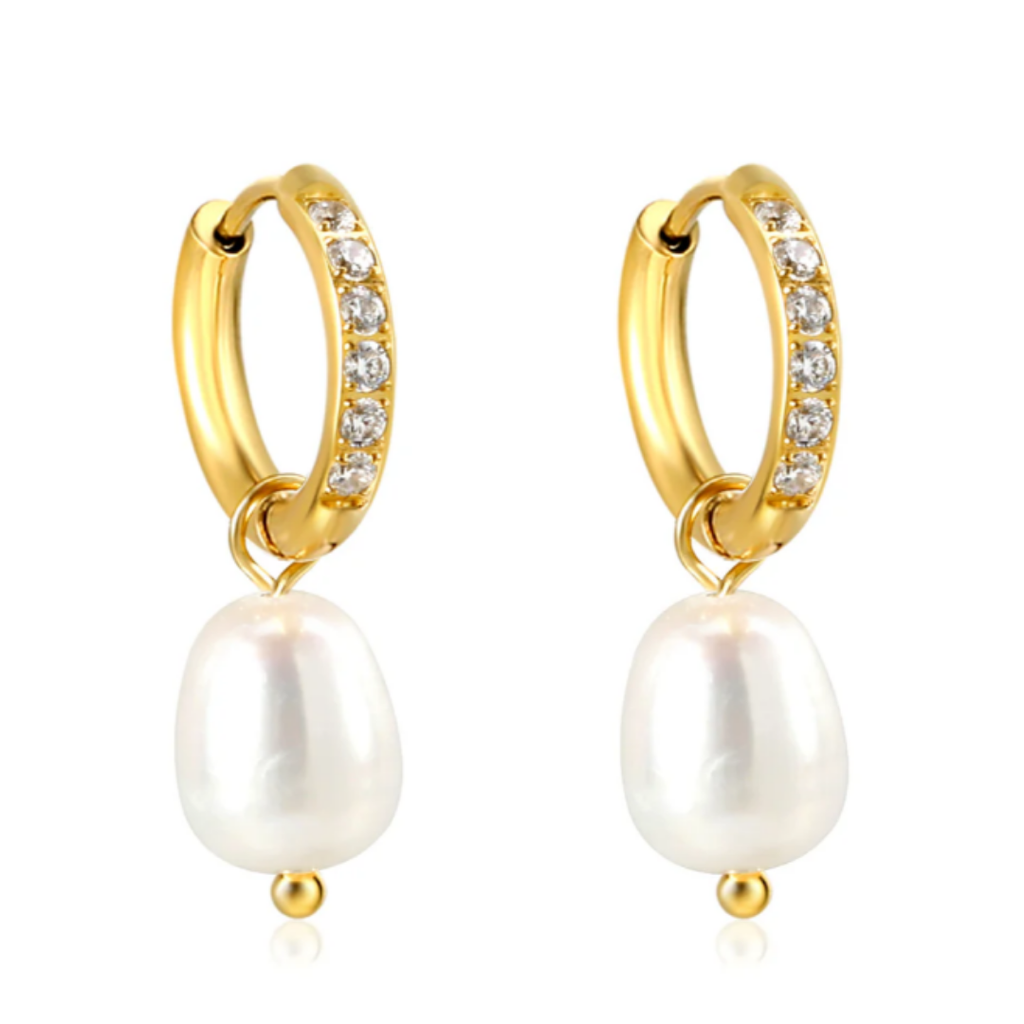 Pearl Huggies with Diamonds